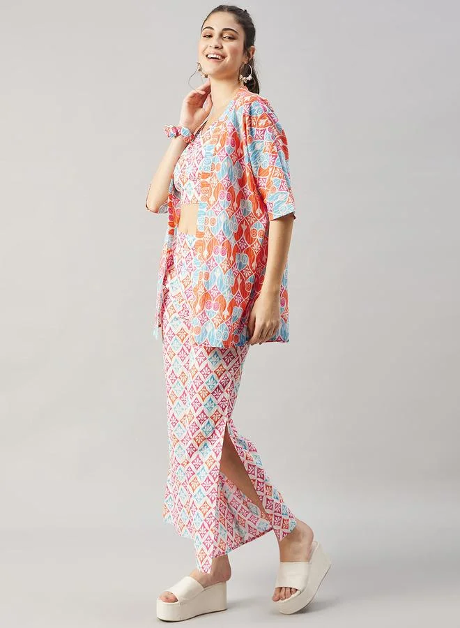 WineRed Set of 3 - Geo Print Cami, Shirt and Pants Co-Ords